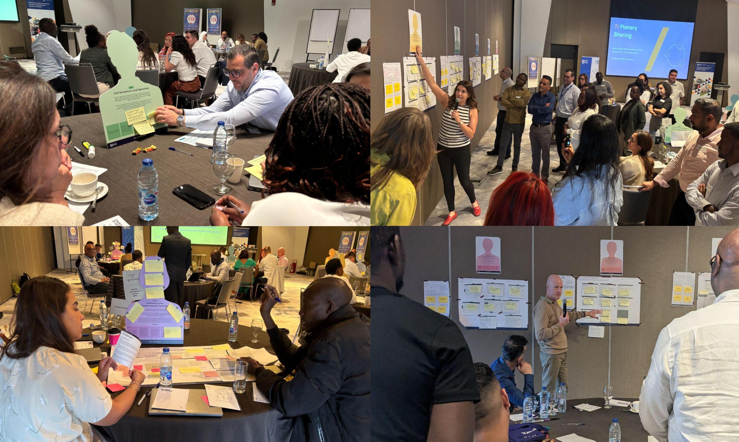 Four photos taken during the co-creation workshop showing people sitting around the table having a discussion and people presenting user journeys to the rest of the group